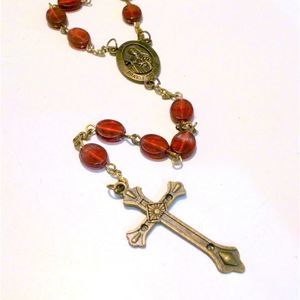 Vintage Red Bead and Brass Tone Saint Therese Rosary